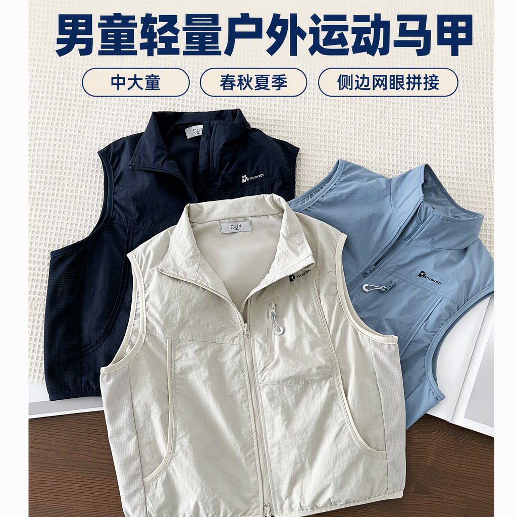男童轻量户外立领拉链马甲春秋夏图片