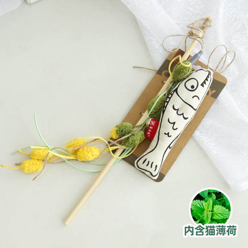 猫咪毛线逗猫棒木杆自嗨解闷响纸铃铛猫薄荷棉质布艺鱼陪伴玩具