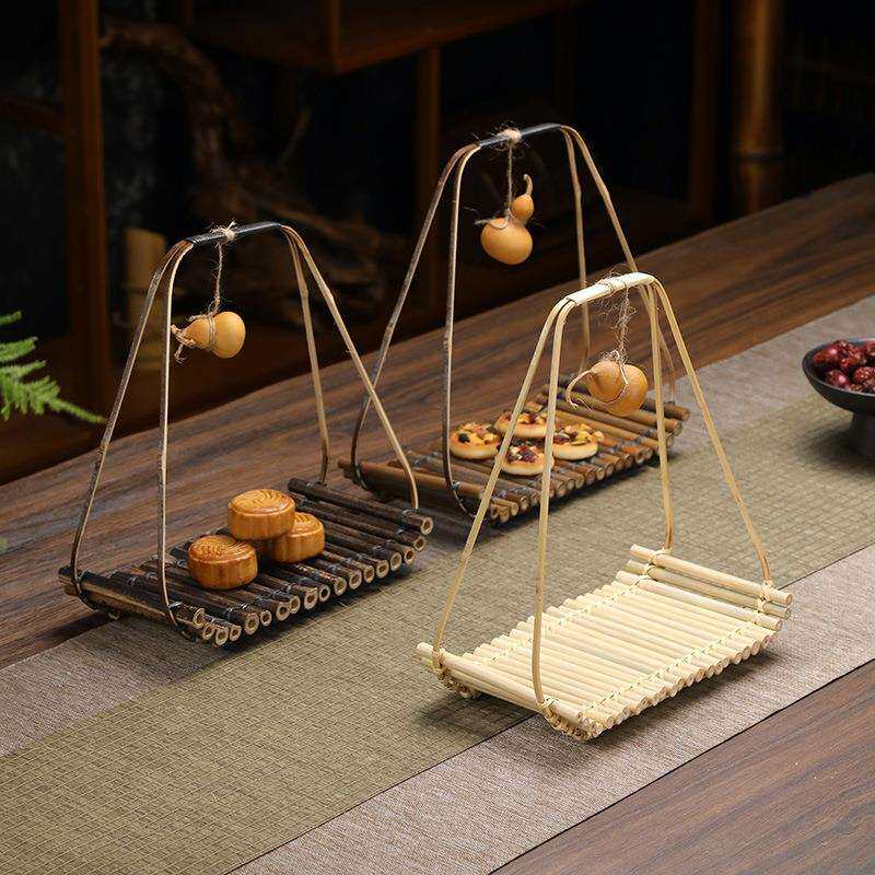 竹制船型花器茶道配件摆件竹制茶杯架竹子架子手提竹排点心托盘