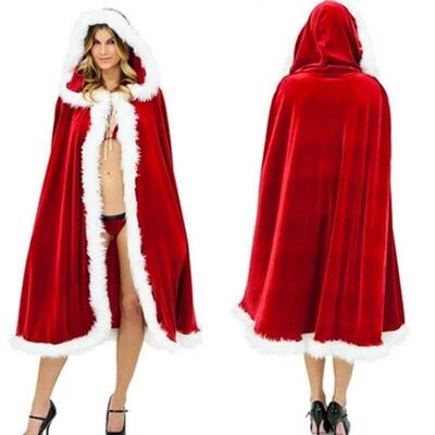 Red Velvet White Fur Hooded Cape Cloak Sexy Santa Cosplay