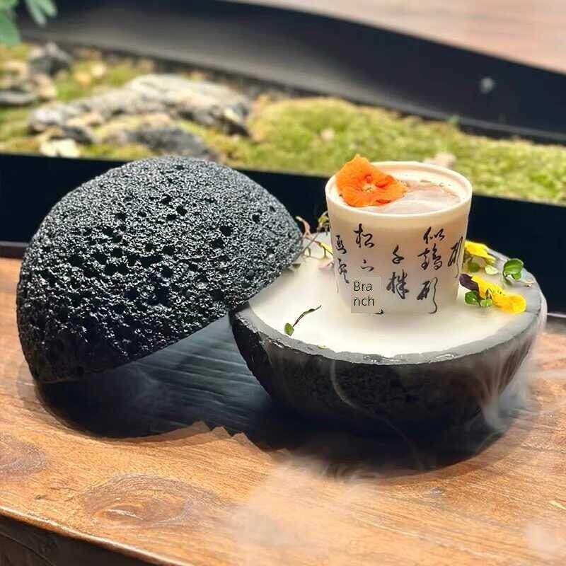 球形餐厅意境特别陨石餐具创意烟熏烹饪盘分子干冰盘碗甜点黑色