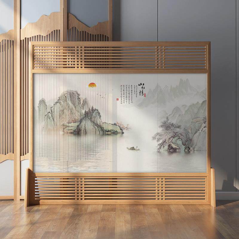 新中式屏风隔断客厅进门办公室茶室简约现代布艺遮挡实木山水座屏