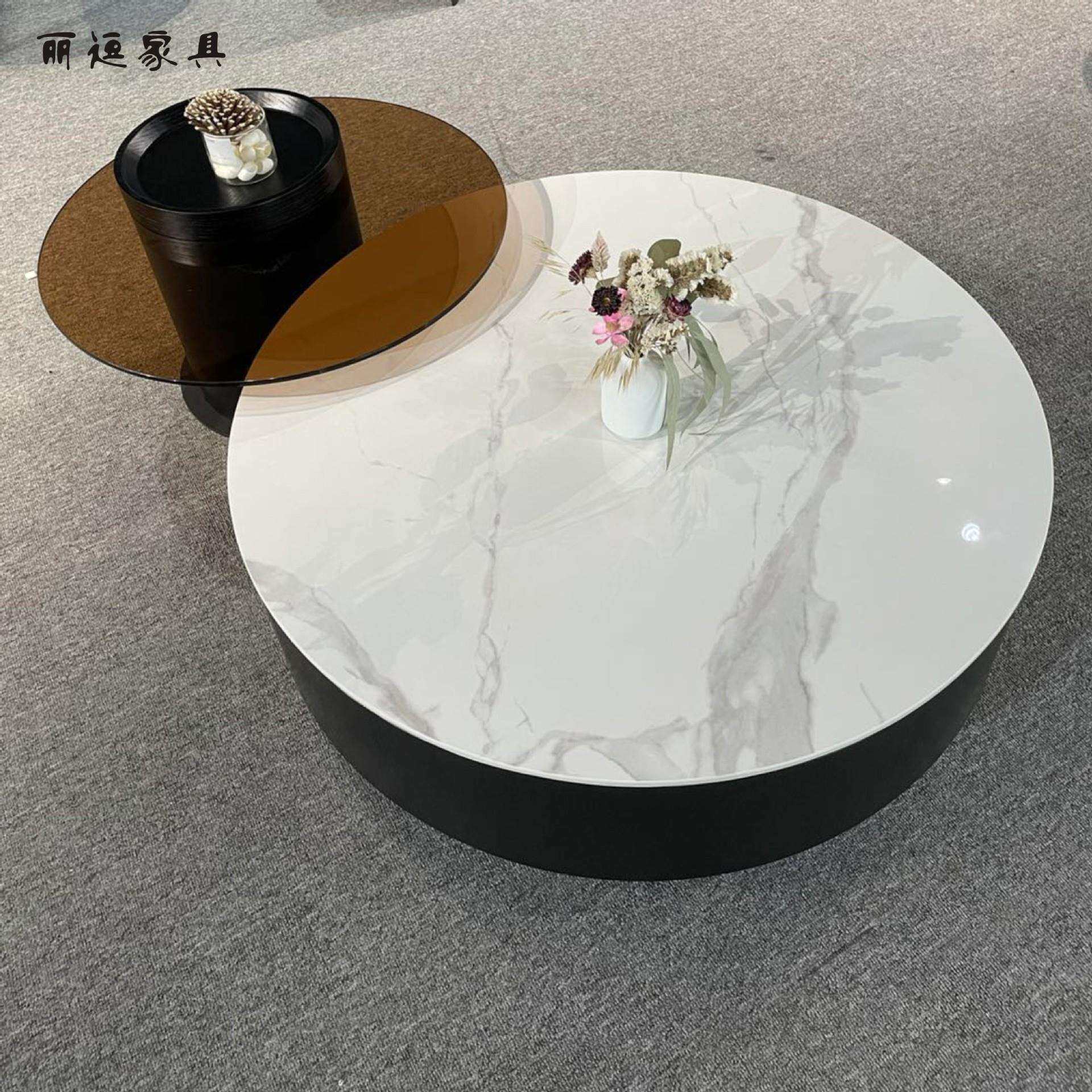 岩板圆形茶几组合简约轻奢北白色黑色茶几钢化玻璃边几客厅家用柜
