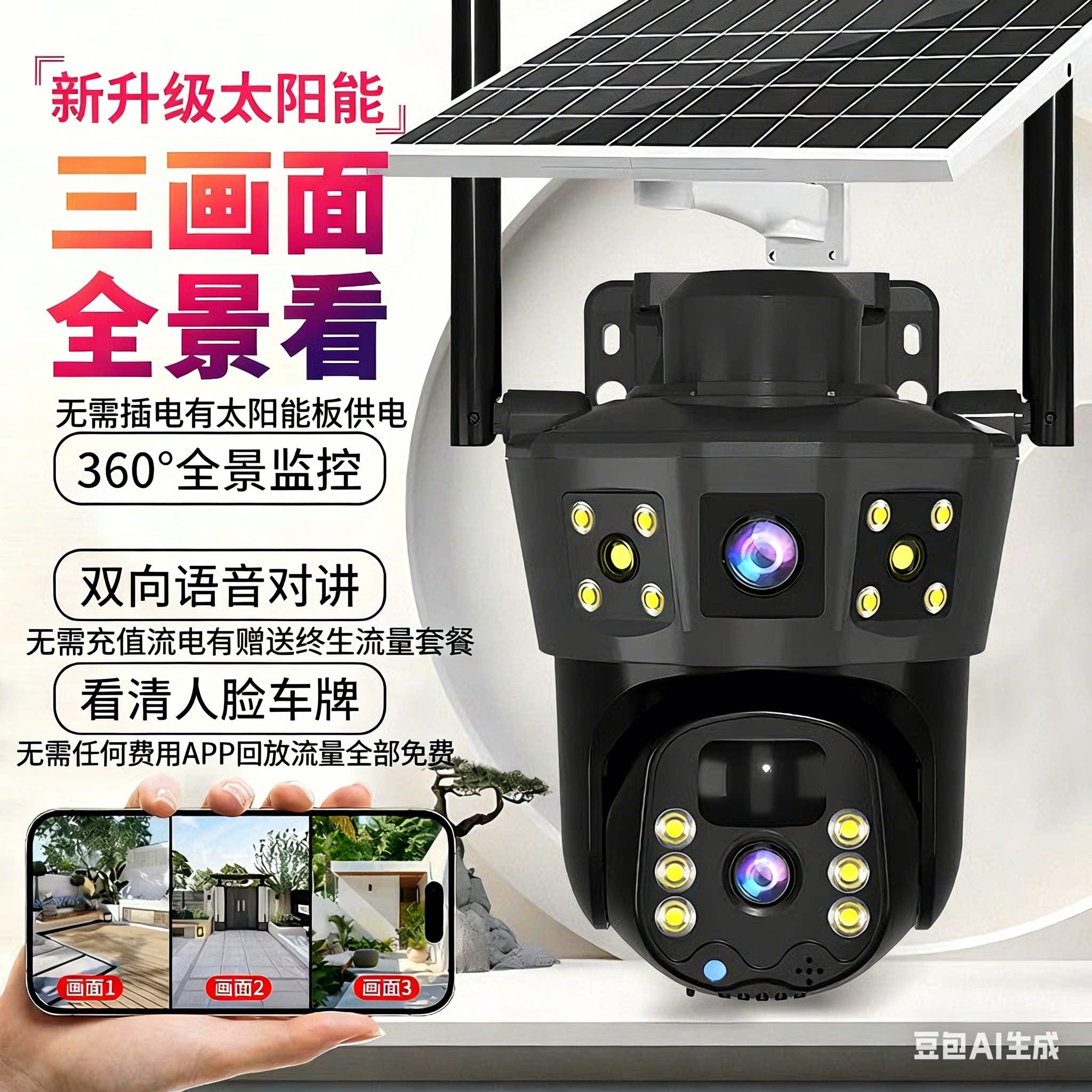 太阳能监控器摄像头360度无死角手机远程无需网络室外高清夜视4G
