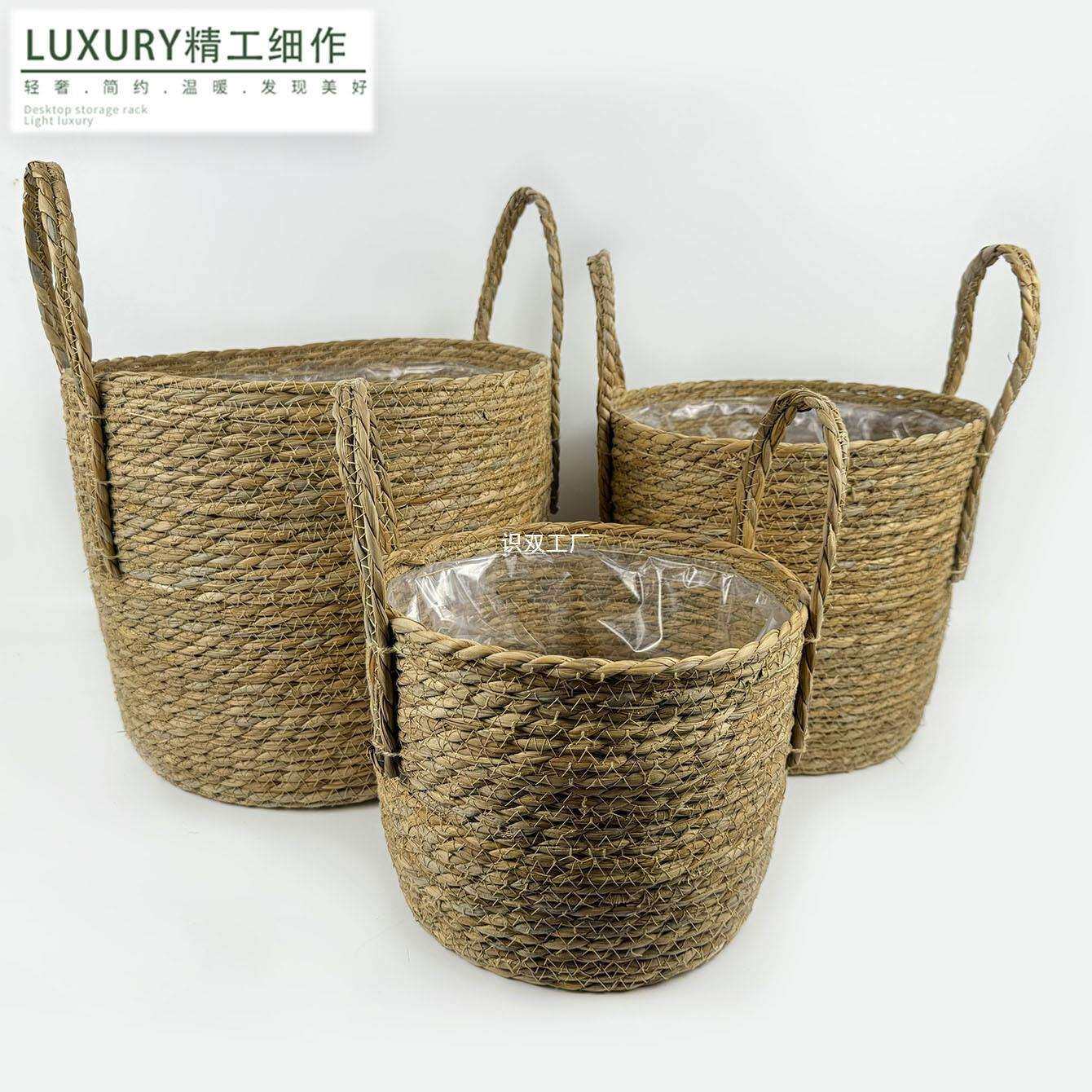 家居落地花盆装饰篮带摆件手提篮子室内植物编织草绳花篮绿植田园