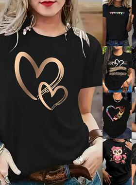 Women's Butterfly & Heart Print Drop Shoulder Tee Top