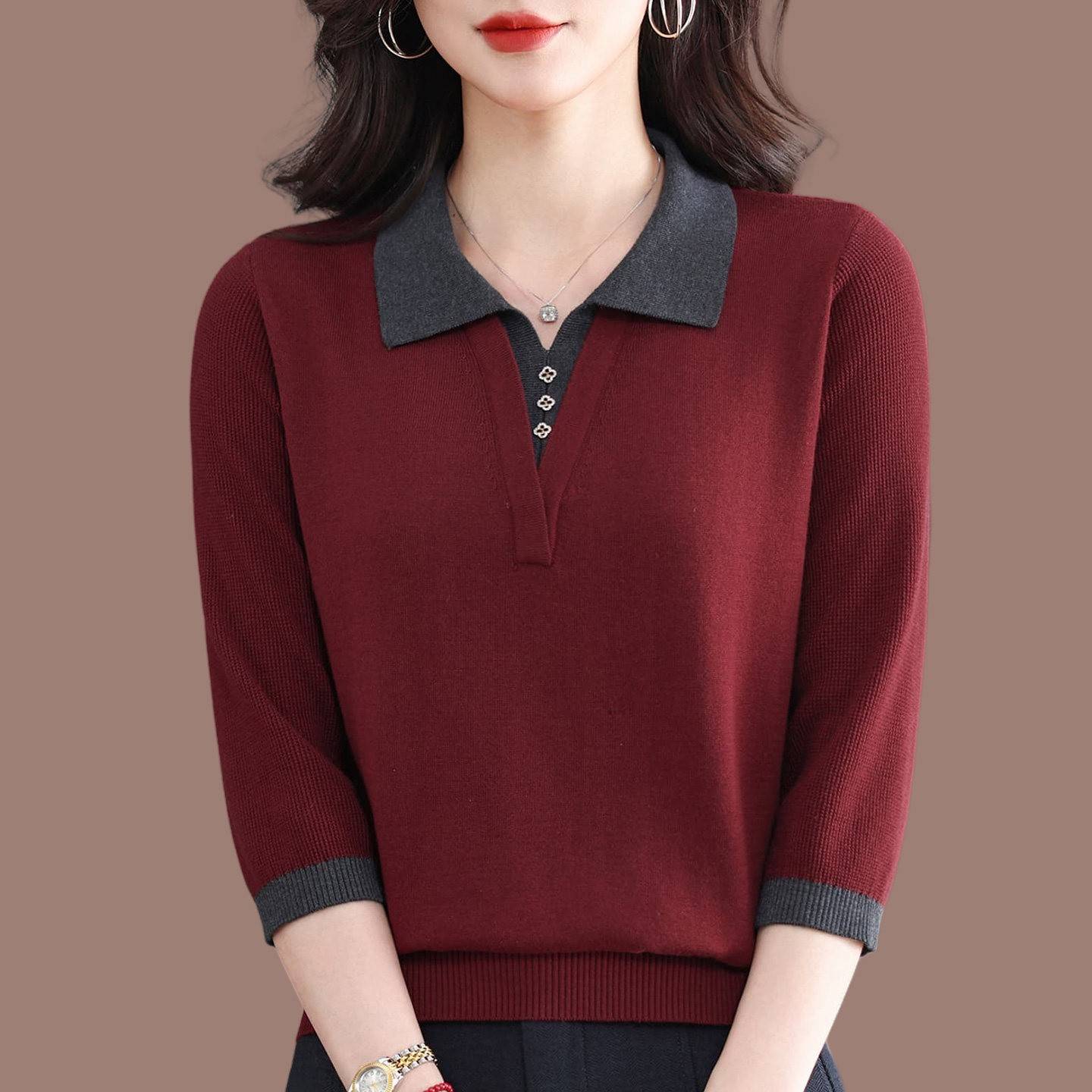 桑蚕丝七分袖T恤POLO翻领针织小衫女春夏薄款宽松高级感气质上衣
