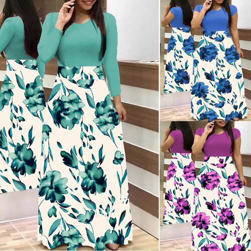 Flower print color blocked long sleeved dress, long