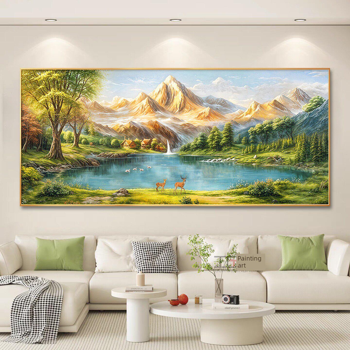 聚宝盆山水画客厅装饰画日照金山沙发背景墙挂画高级感聚财风水画