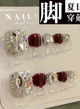 脚穿戴甲【酒红银钻】猫眼纯手工脚趾甲美甲假指甲4004#盒装