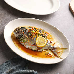 盘酒店餐厅白瓷陶瓷厂家白鱼大号英寸蒸鱼用盘子尺寸14椭圆大纯鱼