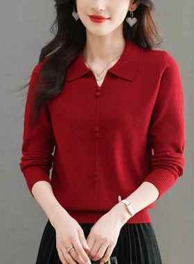 中年女红色上衣服春秋中老年打底小衫时尚洋气50多岁妈妈秋装套装