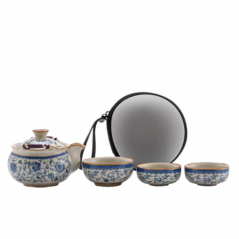 青花汝窑旅行茶具套装一壶三杯茶壶茶杯快客杯便携式包户外泡茶壶