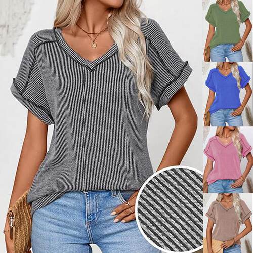 Two tone twisted hit short sleeved collar top women's