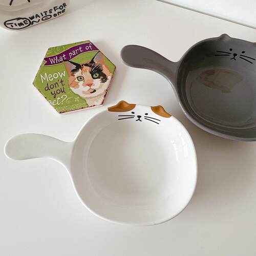 韩国ins猫咪陶瓷带把手柄盘子家用餐盘碗焗饭烤盘水果零食小菜碗