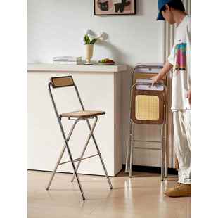 折叠高脚凳子靠背椅吧台椅实木藤编高椅极有家中古家用新款酒吧椅