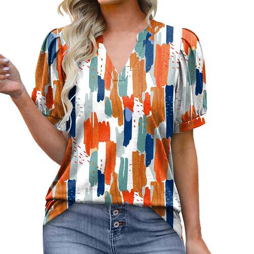 Women Pleated Puff Sleeve Tops Summer V Neck Tunic Shirts
