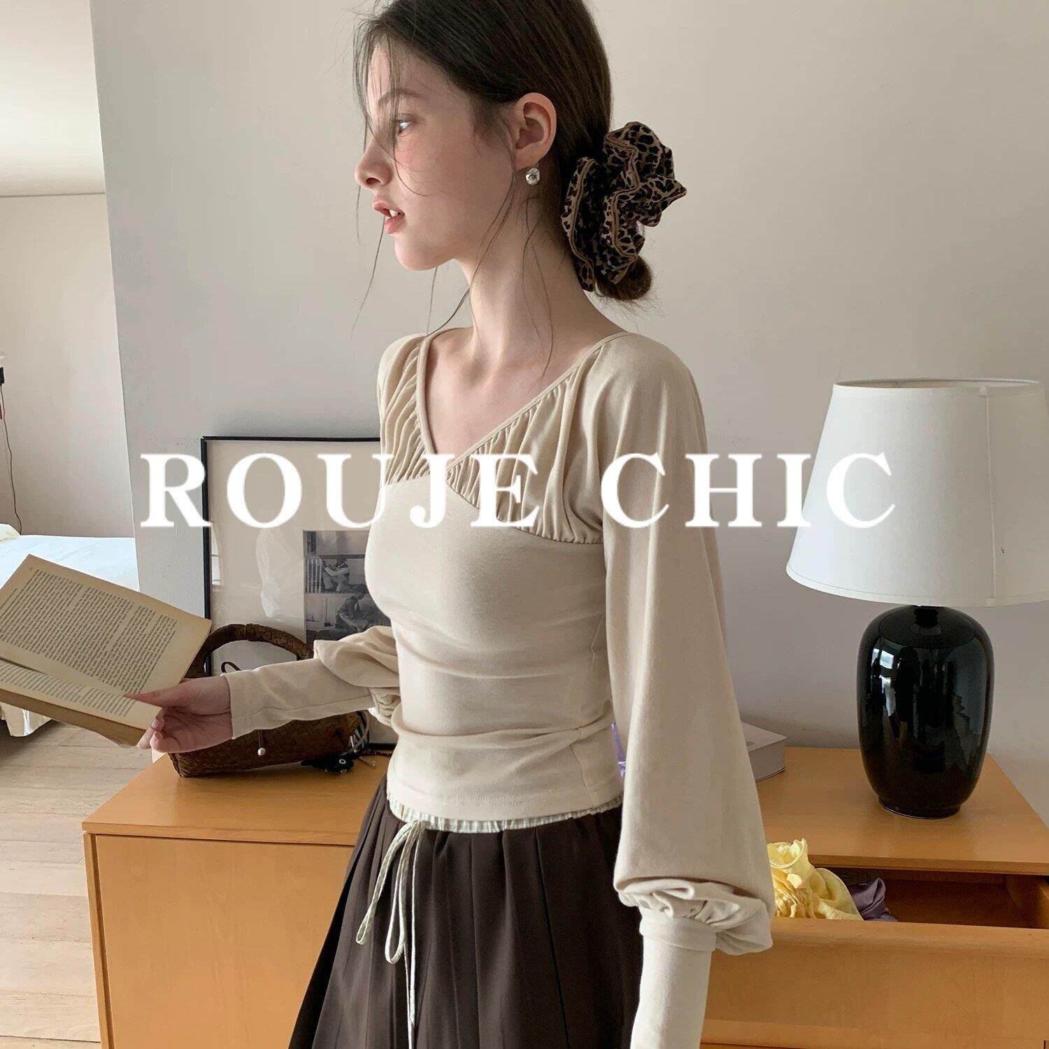 法国rouje chic法式气质褶皱v领收口袖长袖T恤女春季修身短款上衣