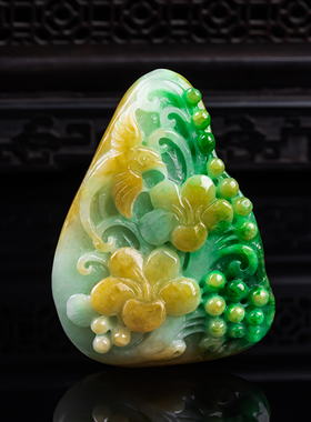 缅甸天然真品翡翠冰飘绿飘黄翡双彩高端闪拍鸟语花香玉吊坠55.87g