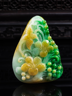 缅甸天然真品翡翠冰飘绿飘黄翡双彩高端闪拍鸟语花香玉吊坠55.87g