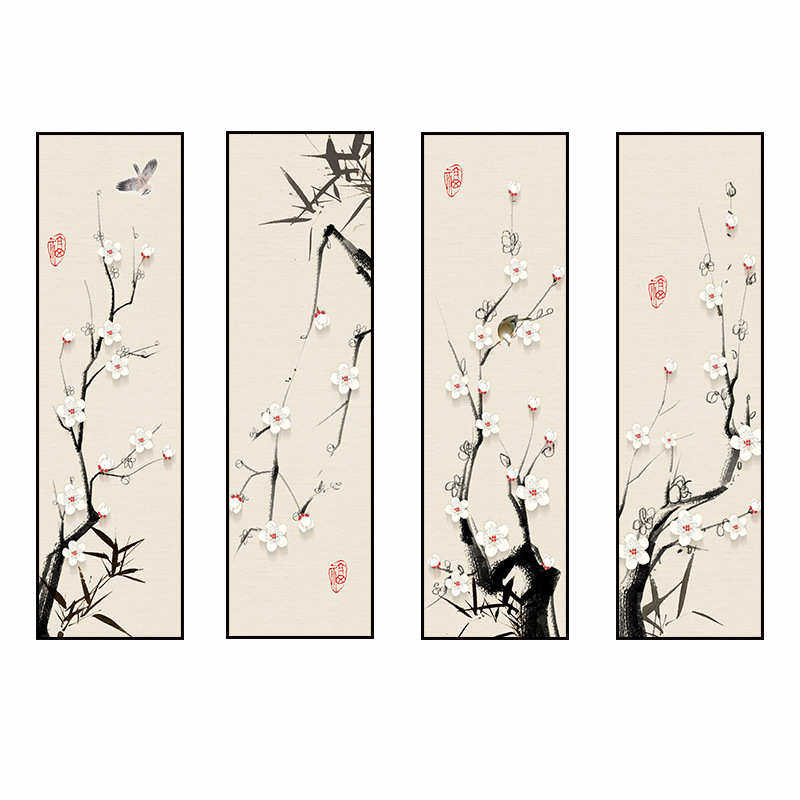 画走廊新梅中式墙花鸟茶室客厅挂画背景餐厅装饰画工笔壁画条屏四