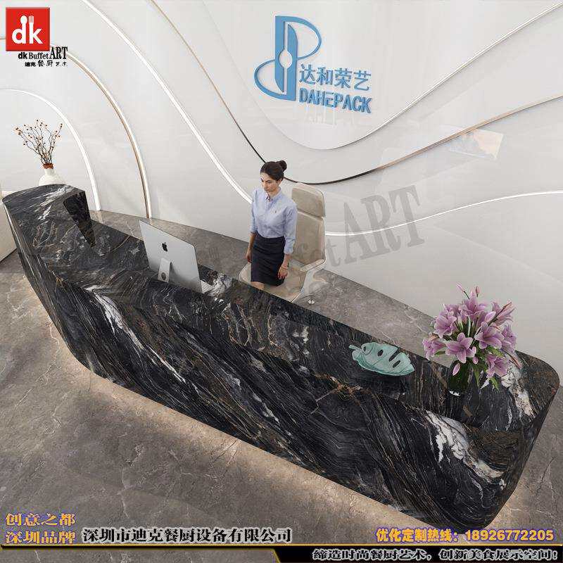 公司前台接待台制作工厂天然大理石岩板圆形长方形吧台收银台设计