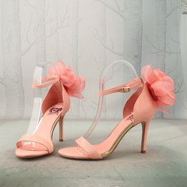 纯色织物超高跟可摘下磁力大花朵，女鞋子包跟一字扣带凉鞋x131-2