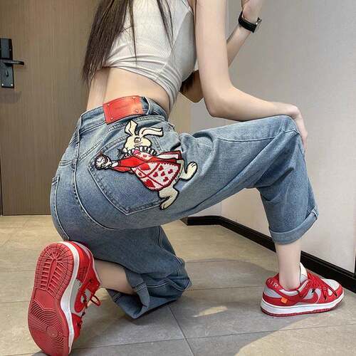 SPYB兔子刺绣牛仔裤女春秋高腰显瘦设计感小众美式复古直筒阔腿裤