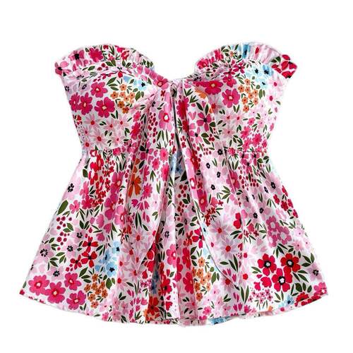 Summer Fashion Sexy Floral Printed Top  Vacation Casual Tie