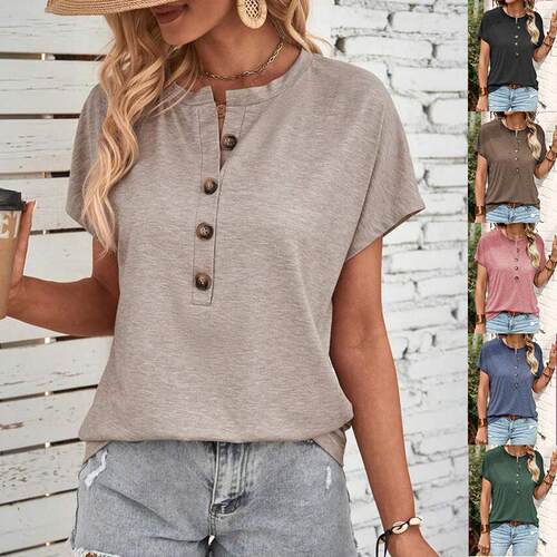 Women Casual Henley V Neck Sleeve Shirts Summer Tops Buttons