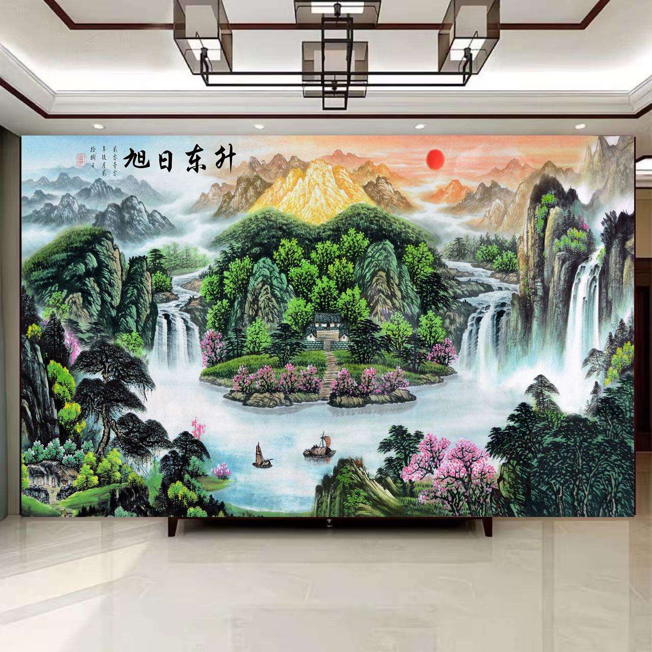 2026新款发电背景墙新中水式山画自黏贴画客厅沙装饰画壁纸CUE视