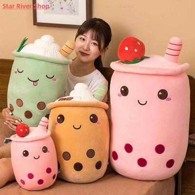 Cute Boba Milk Tea Plushie Toy Soft Stuffed Apple Pink Straw