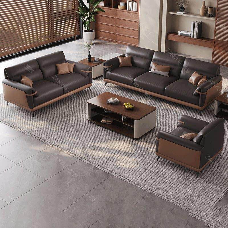 办公室沙发茶几组合简约现代商务会客洽谈接待室休息区真皮三人位