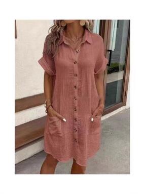 Cotton and linen medium length short sleeved dress for