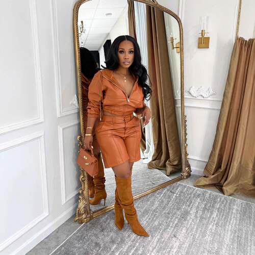 Women's PU Leather Hooded Jacket & Short Pants Set Casual