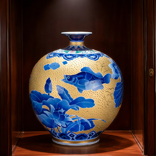 999真金年年有余花瓶 省大师肖建辉纯手工高档家居装饰收藏级摆件