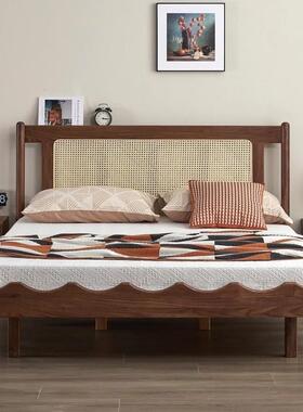 北美黑胡桃木实木藤编床现代简约婚床樱桃木复古主卧双人1.8大床