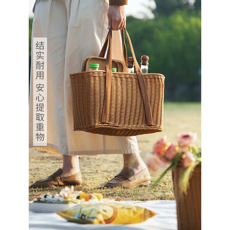 ZZ8N批发野餐篮子仿藤编织收纳篮水果篮户外春游野餐塑料挂篮购物