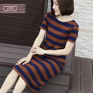 2025一步裙女式长裙夏季短袖条纹圆领裙长妈妈休闲连衣裙夏季妇女