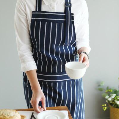 高档8301棉条纹可调节围裙烘焙师甲作花店咖纯啡餐厅工服围美腰男