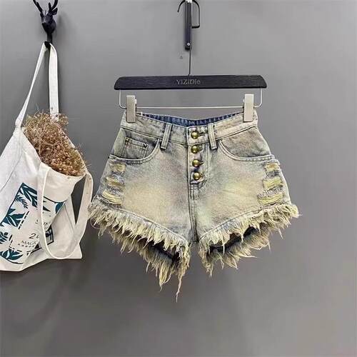 Pink Shorts Women Sexy Ripped Elastic Waistband Frayed Hem