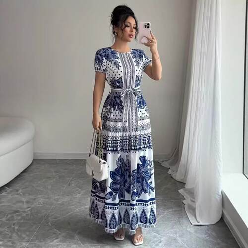 Elegant Floral Print ALine Dress Fitted Round Neck Long