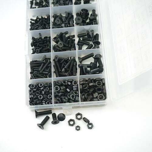 500pcs M3 M4 M5 黑色高强度 沉头内六角螺丝配螺母组合套装盒装
