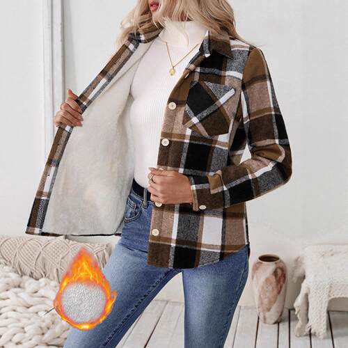 Women's cardigan jacket woolen plaid shirt collar jacket