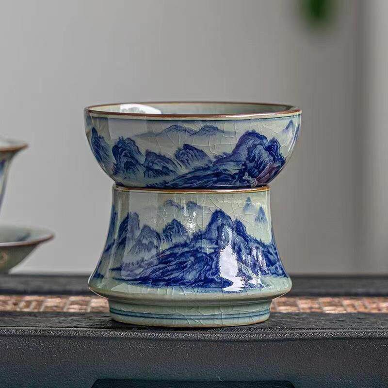 景德镇陶瓷茶具覆古老陶泥青花山水千里江山漏茶过滤陶瓷一体化