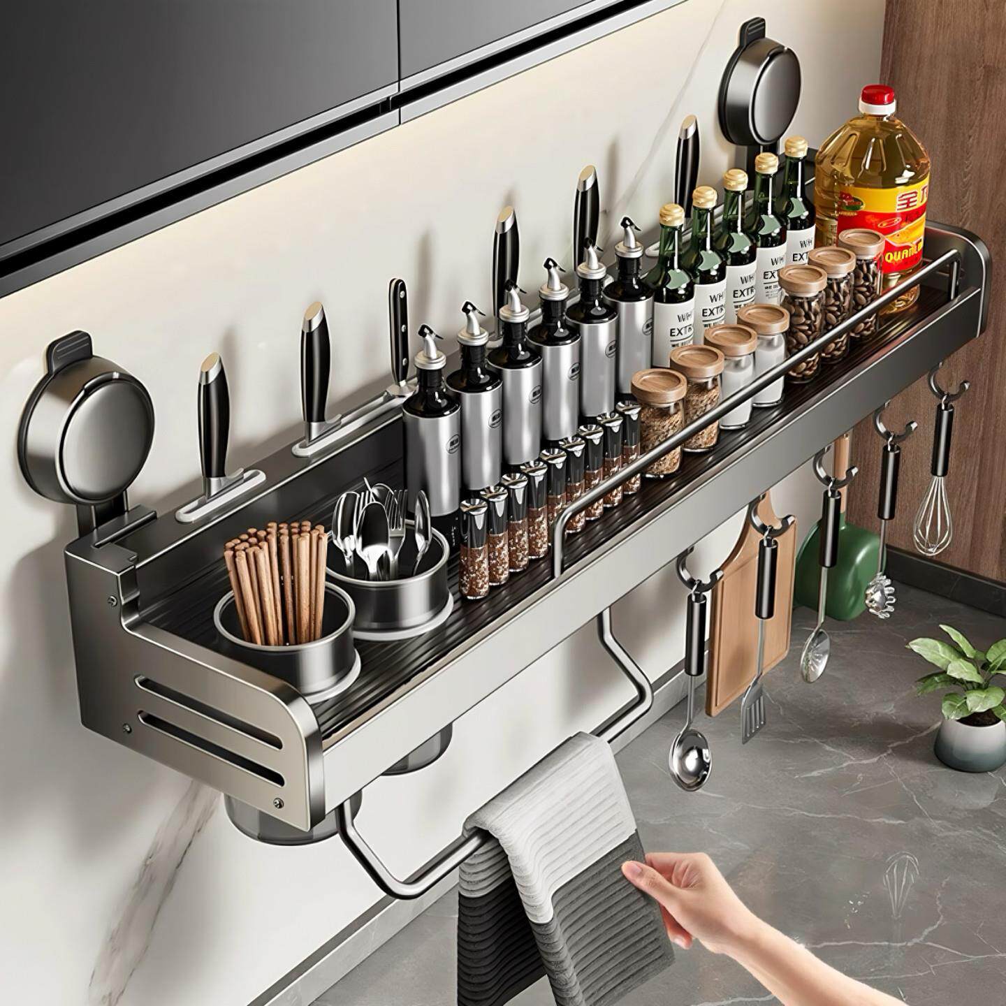 吸盘厨房壁挂式墙上免打孔置物架多功能调料用品家用收纳层架锅盖