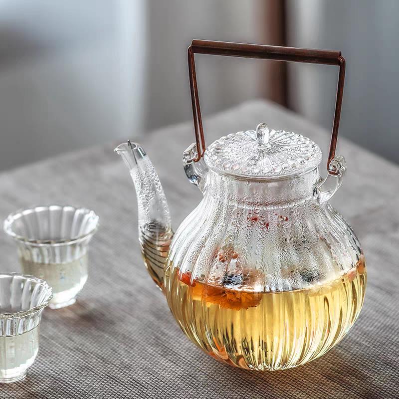 日本手工耐热玻璃花茶壶泡茶壶烧水壶电陶炉提梁壶菊瓣壶煮茶家用