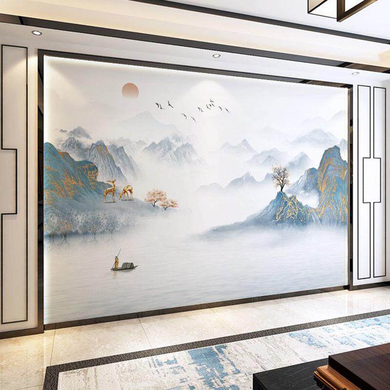 3d山水电视背景墙2024新款壁纸新中式客厅沙发壁画8d影视墙纸墙布