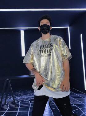 hiphop街舞嘻哈饶舌歌手rap舞台表演出服装亮片T恤衫男女团体衣服
