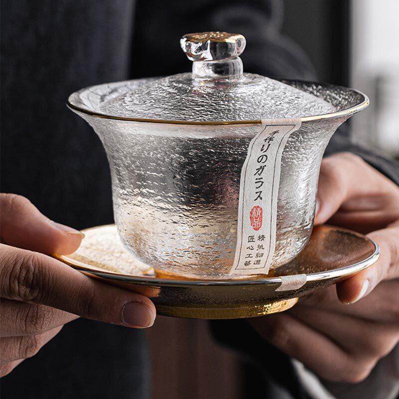 盖碗描金锤纹加厚水晶玻璃泡茶器家用敬茶功夫茶具套组三才茶杯